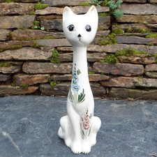 Vintage Studio Pottery Cat Long Necked Kitten Floral Design Retro 21.5cm H