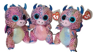 Ty Beanie Boos Set of 3 Versions of FLINT the Dragon (Pink, Blue & Yellow) NEW