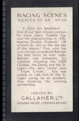 FREDDIE FOX, JOCKEY, ON BARHNAM - 80 + Jahre alte englische Tabakkarte # 29 - Bild 2 von 2