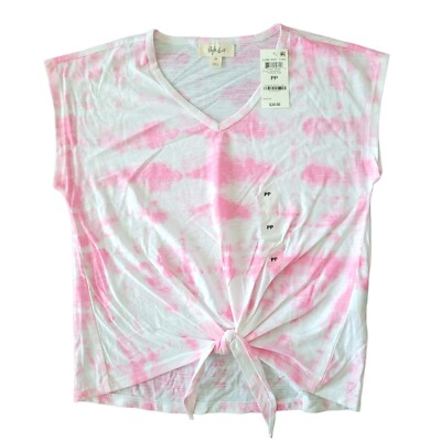 Style & Co Women's Petite Tie-Dye Tie-Front V-Neck T-Shirt Pink XS