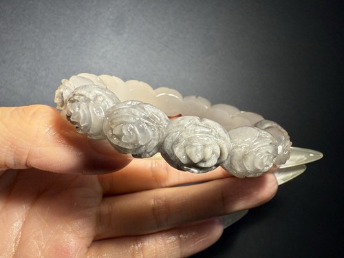 59.9mm Natural Mongolian Jade Bangle/Shetei Cui/Hand Carved Flowers - Picture 8 of 11