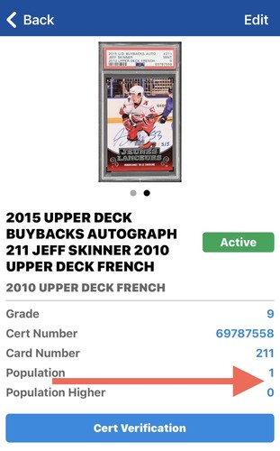 2015 UD BUYBACKS Jeff Skinner PSA 9 AUTO #5/5 YOUNG GUNS FRENCH RC ROOKIE 2010 - Picture 2 of 4