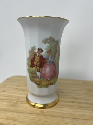 German 24K Gold Trim Vintage Vase Fragonard Scene Courting Couple Hoffmann  7 
