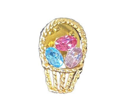 VTG Easter Basket Eggs Lapel Hat Pin Rhinestone Gold Tone - Pink Purple Blue