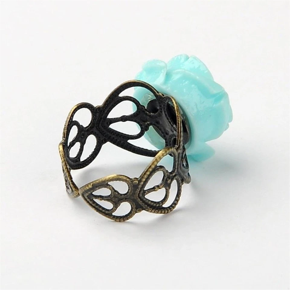 Lacy Bronze Victorian Style Blue Rose Flower Lucite Cabochon Adjustable Ring - Image 2 of 3