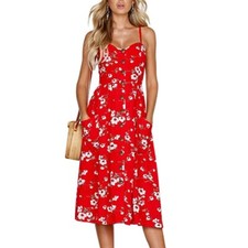Womens Summer Sunflower Floral Print Midi Dress Strappy Pockets Buttons Cocktail
