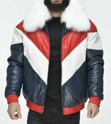 Men's Bubble V Bomber Sheepskin Leather Jacket Faux Fur Collar Multicolored- 103