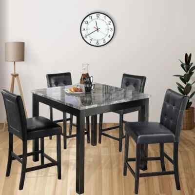 Pc Counter Height Dining Table Set with Marble Table Top in Black