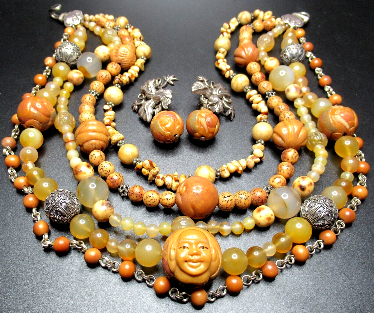 STEPHEN DWECK Amazing Carved Stone Buddha Gods & Snakes Necklace