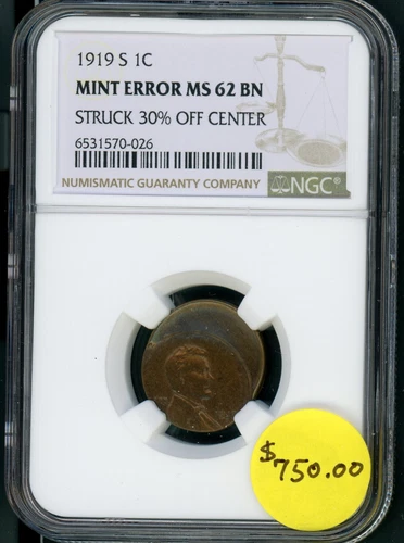 US 1919-S SAN FRANCISCO LINCOLN WHEAT CENT 30% OFF CENTER SLABBED NGC MS 62 BN