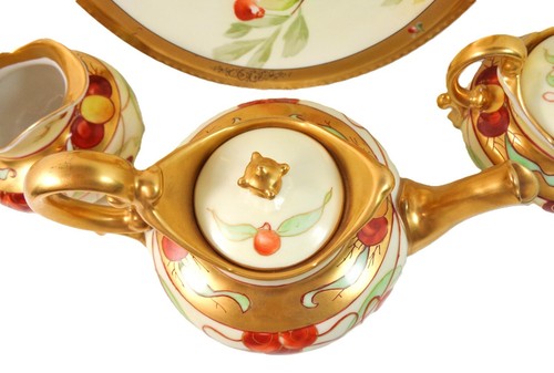 Antique Limoges Pickard Teapot Sugar Creamer Set and Plate Hand Painted Cherries - Picture 3 of 15