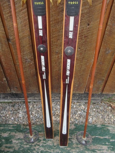 OLD VINTAGE 74" Snow Skis Has BROWN Finish with Bindings + Pole GREAT DECORATION - Picture 4 of 5