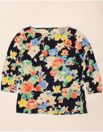 RALPH LAUREN Womens Top 3/4 Sleeve UK 18 XL Black Floral Cotton CG36