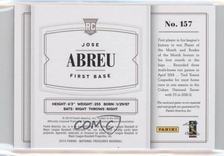 2014 Panini National Treasures Material Signatures /99 Jose Abreu Rookie Auto RC - Image 2 of 2