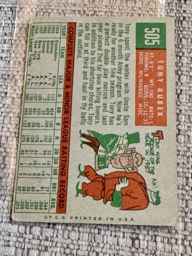 1959 Topps - Tony Kubek #505 - VG - Free Shipping - Picture 2 of 2
