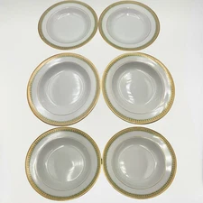 Antique RARE O P CO Syracuse 8" Soup Bowls Set of 6 Vintage Green Gold MCM VTG
