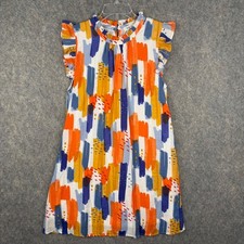 THML Ruffle Neck Flutter Sleeve Shift Dress Orange Blue Gold Geometric Medium