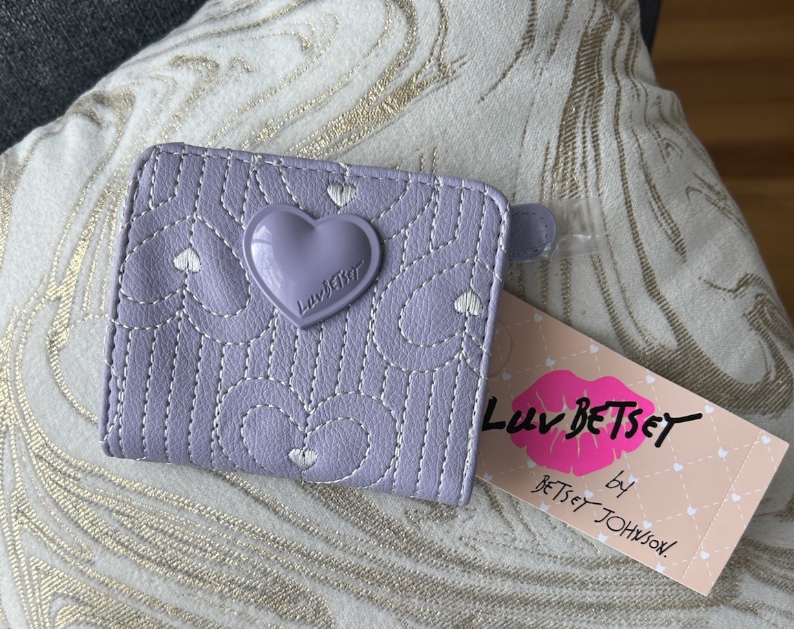 New! Betsey Johnson Snap Flap Wallet Hearts Stitched Purple Lavender