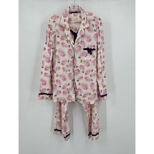 Victorias Secret Women Pink Feather Print Pajama Set Size XL Flannel Cottagecore