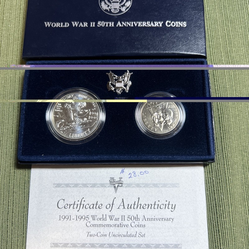 United States Mint World War II 50th Anniversary 90% Silver 2-Coin Set w/ COA