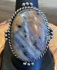 Sterling Silver Sodalite Ring Size 9 - Large Oval Blue Gray Gemstone Artisan