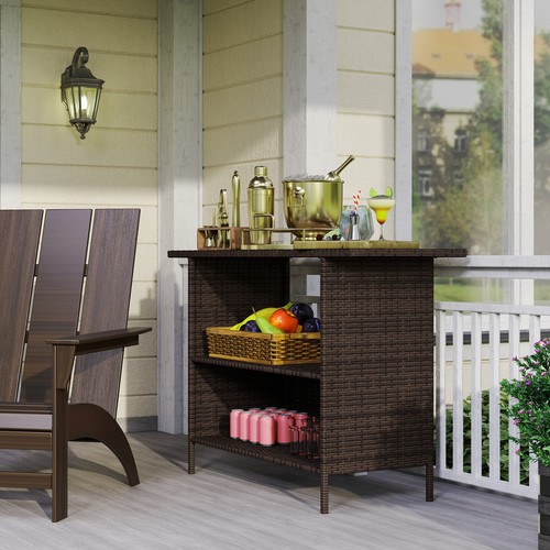 Outsunny Wicker Outdoor Bar Table, Bar Height Patio Table w/ Shelves, Brown - Picture 6 of 11