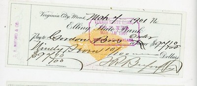 1901 Virginia City MT Elling State Bank Check Gordon Bros Endorsed Back Revenue