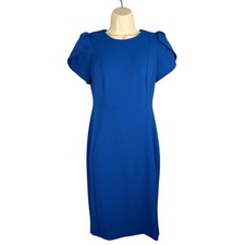 Calvin Klein Dress Womens 4 Royal Blue Short Tulip Sleeves Sheath Gold Rear Zip