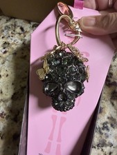 Betsy Johnson Crystal Skull Bag Charm/Keychain - Gunmetal Rhinestone Skull