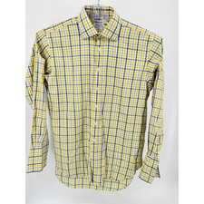 T.M. Lewin Mens Shirt 17/36 French Cuff Regular Fit Yellow Blue Plaid Button Up