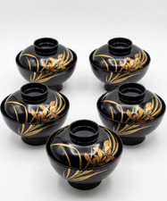 Soup Bowls with Lids 5pcs Set Aizu Lacquerware Gold Orchid Shikunshi Japan