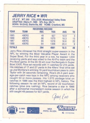 Tarjeta de fútbol americano Jerry Rice Starting Lineup 1989 San Francisco 49ers A - Imagen 2 de 2