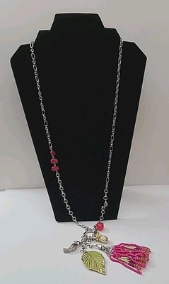 NWOT Chico's Toucan In Paradise Bird Leaf Dangles 32'' Necklace Pink Gold Tone