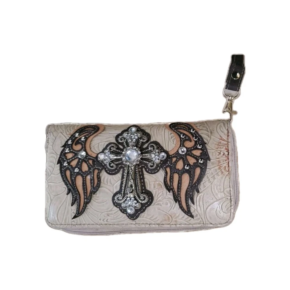 Cartera Western marrón y beige/broche con cruz con estrás y cuero mecanizada a mano Foto 2 de 2