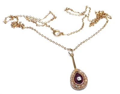 ANTIQUE VICTORIAN 15CT PEAR CUT GARNET PEARL DIAMOND PENDANT NECKLACE 9CT CHAIN - Image 1 of 4