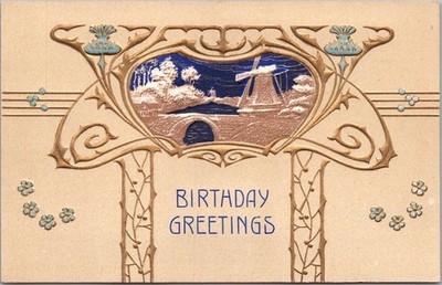c1910s BIRTHDAY GREETINGS Embossed Postcard Windmill Scene / Forget-Me-Nots