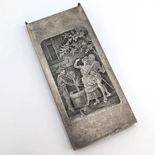 VTG Antique Silver Tone Match Holder Vesta Case Etched Romantic Fountain Scene