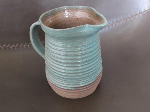 Signed Studio Art Pottery Pitcher Horizontal Ribbing Clay 5" Teal Brown - Picture 2 of 9