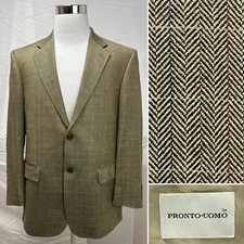 Pronto Uomo 100% Silk Tan Herringbone Plaid 2-Button Men’s 43R Blazer Jacket
