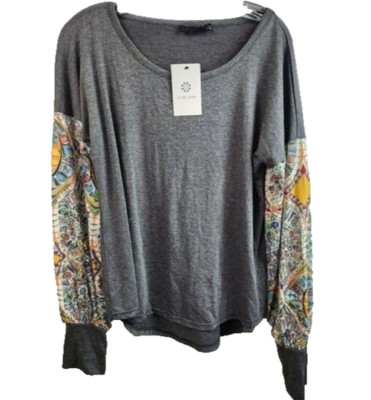 Loveu Dear Womens Arabesque Bishop Sleeve Top Large Gray Oversized BOHO NEW