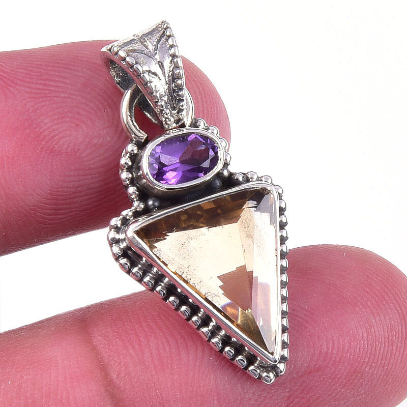 Natural Citrine Amethyst Pendant in 925 Sterling Silver 1.25 Inch