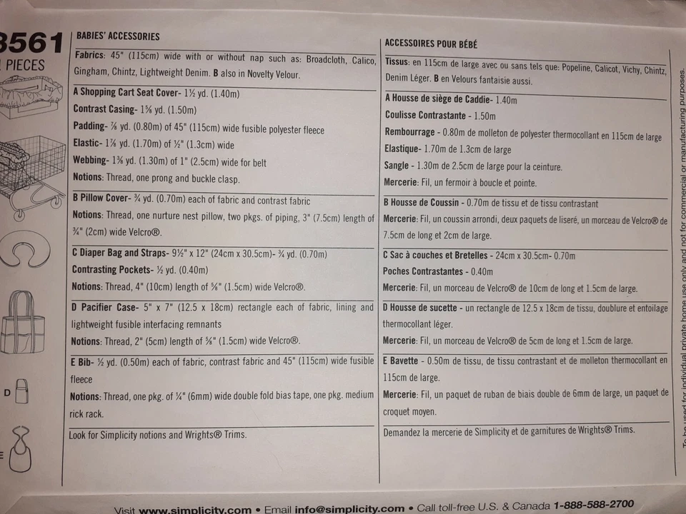 Simplicity 3561 Diaper Bag Bib Shopping Cart Cover Sewing Pattern Dummies UC FF - Image 4 of 4