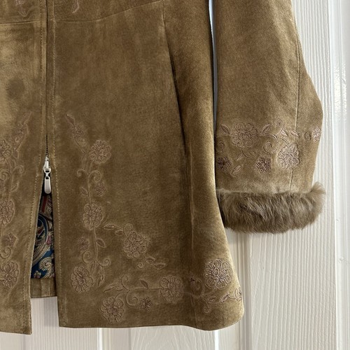 VTG Georgiou Studio Brown Suede Embroidered Flowers Fur Trim Double Zip Sz6 Smal - Picture 6 of 12
