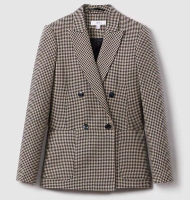 REISS Ella Double Breasted Wool Blend Blazer Jacket Black/Camel Size 14 NEW $515