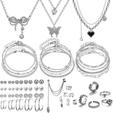 IFNODO 47pcs Silver Jewelry Set With 3 PCS Necklace, 11 adjustable, 