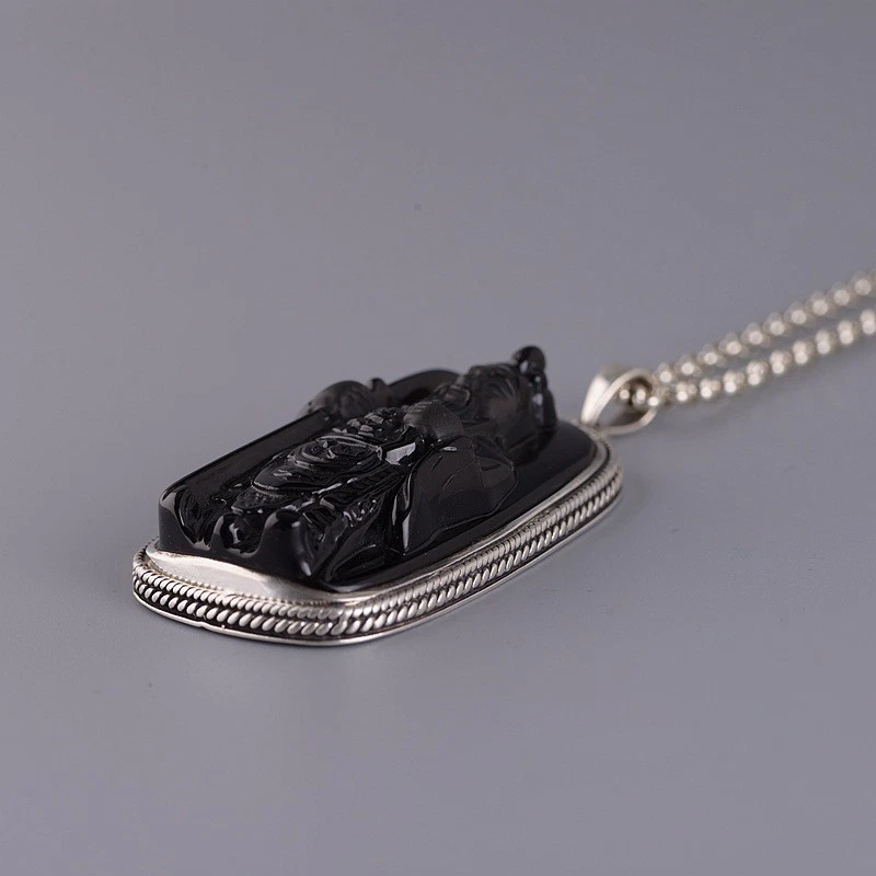 S925 Plata Tallada Negro Obsidiana Guan Yu Colgante Chino Dios Protección Amuleto Foto 3 de 4