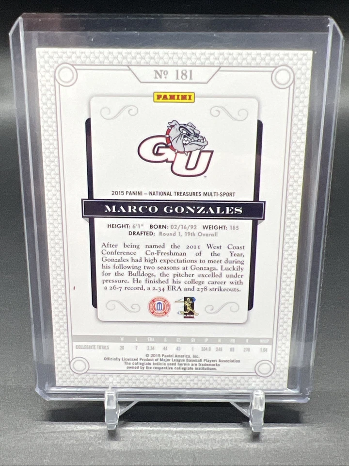 Marco Gonzalez 2015 National Treasures One of One #1/1 Multisport Century #181 - Image 3 of 4
