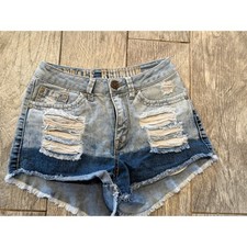 Rewash Denim Shorts 1/2 Womens Distressed Frayed Raw Hem Vintage Reunion Cut Off
