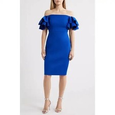 NWT Eliza J Off The Shoulder Ruffled Sleeves Sheath Dress Cobalt Womens Size 8