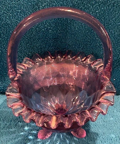 Fenton Purple Glass Basket Ruffled Rim Handle Basket Bowl Footed 7" Tall